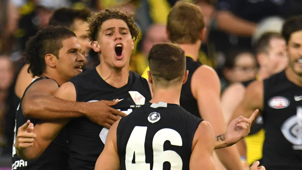 Carlton's Charlie Curnow after booting a goal.