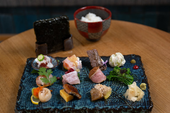 Temaki platter, nori sheets and rice, ready for DIY assembly.