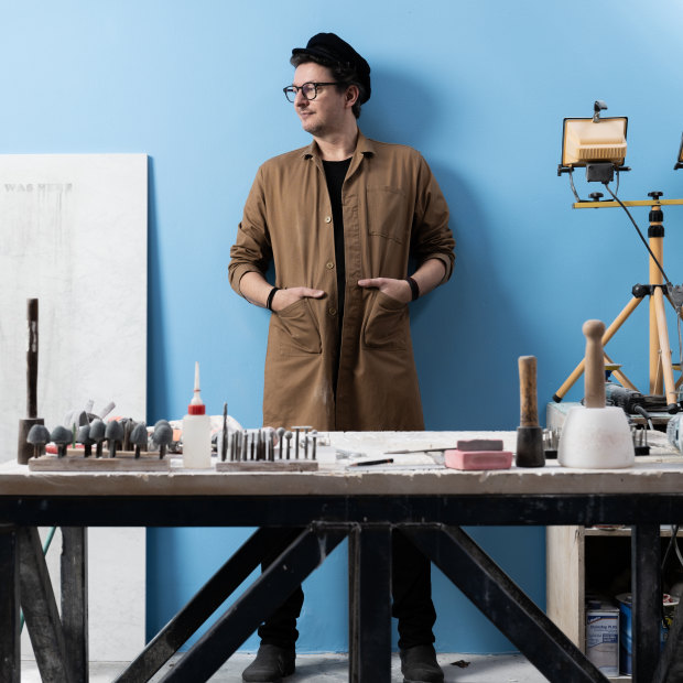 Seton in his Newtown studio.
Working with marble is
potentially dangerous, and
not just because of the use of
hammers, chisels and assorted
power tools, he says: “You hear
so many horror stories.”