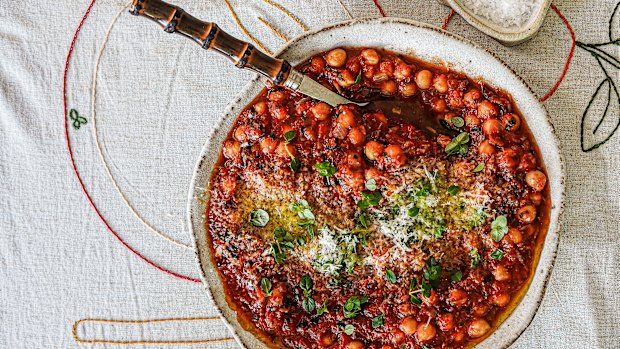 Serve puttanesca chickpeas over pasta to stretch this dish further.
