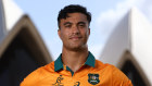 Joseph Suaalii models the Wallabies jersey to be used in the upcoming British and Irish Lions tour