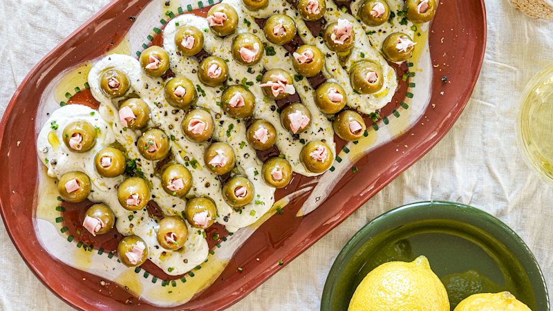 Dirty martini dip and mortadella olives