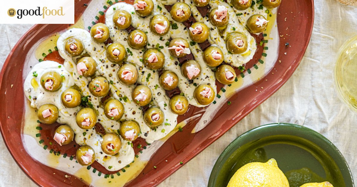 Dirty martini dip and mortadella olives