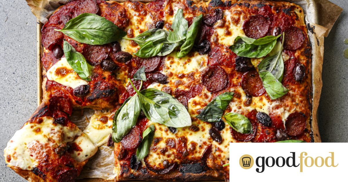 Pepperoni sheet pan pizza, spring roll rice salad, patatas bravas roast potatoes, passionfruit vanilla slice with caramelised puff pastry