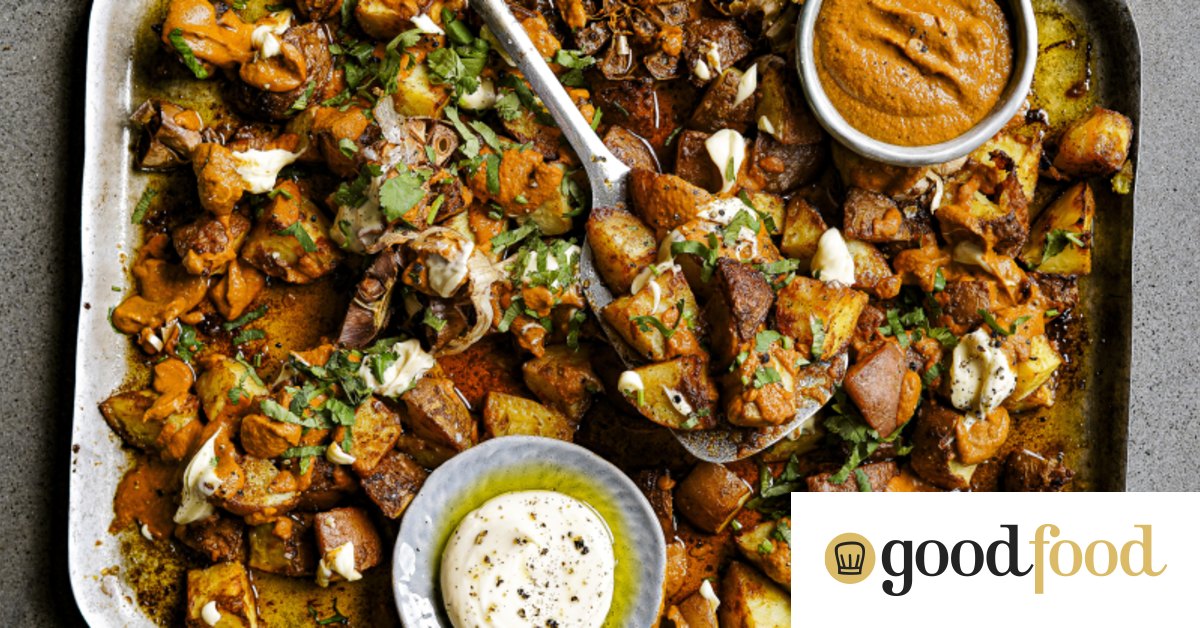 Patatas bravas tray bake recipe with duck fat roast potatoes, garlic aioli and romesco sauce