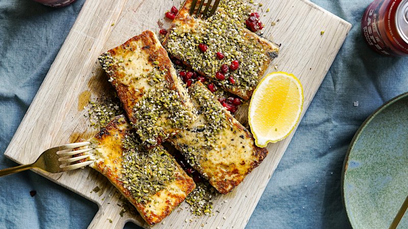 Barbecued halloumi with dukkah, honey and pomegranate