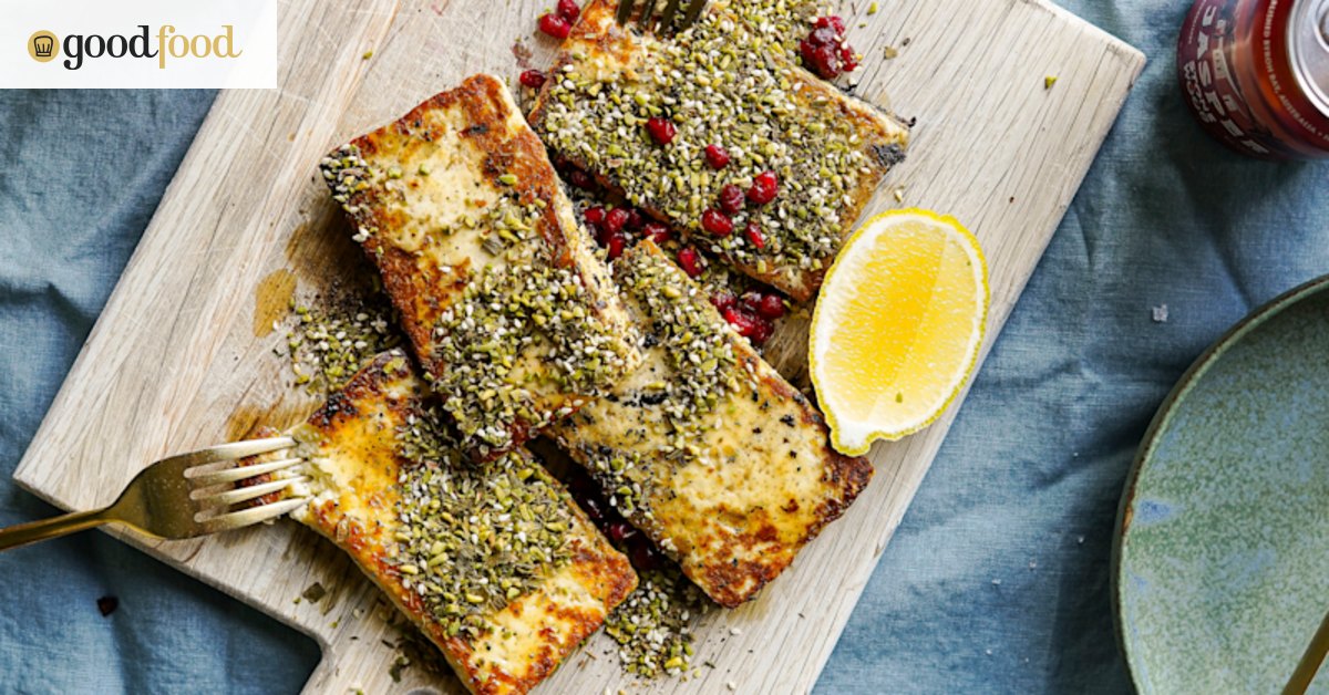 Barbecued halloumi with dukkah, honey and pomegranate