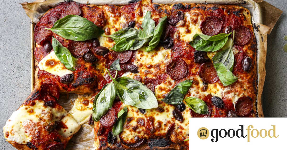 Sheet pan pizza dough recipe with pepperoni and olives