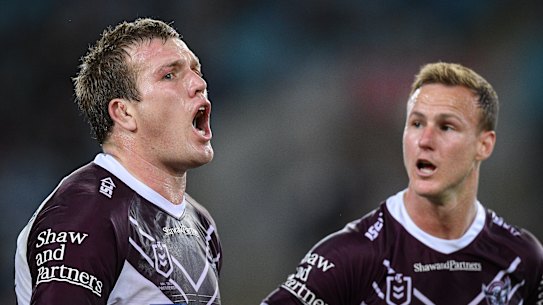 Jake Trbojevic (left) reacts to being sin-binned in last night's loss to South Sydney.