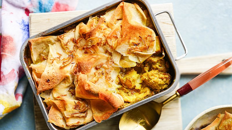 Yellow curry chicken pie with roti “rough puff” features ginger and coconut flavours