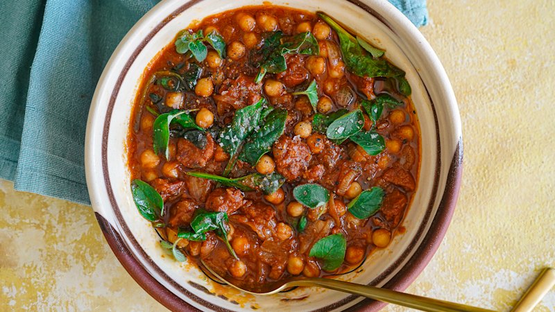 Braised chickpeas with chorizo and greens