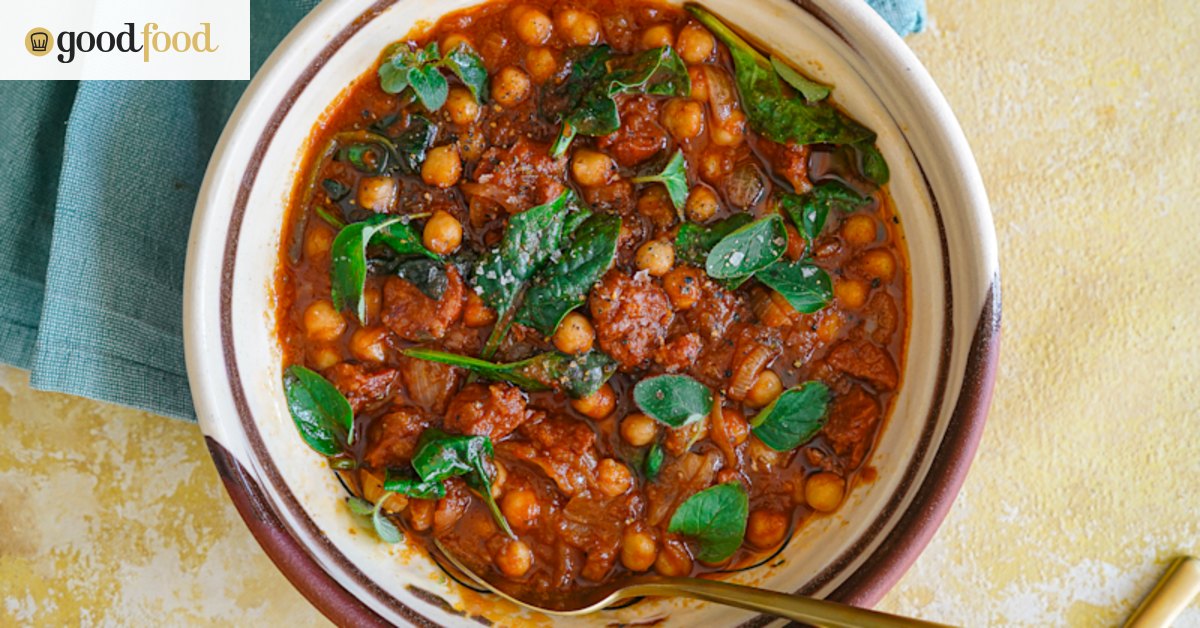 Braised chickpeas with chorizo and greens