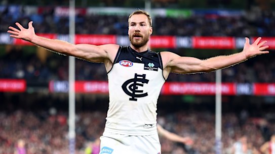 Harry McKay of the Carlton Blues celebrates kicking a goal during the round nine match against St Kilda Saints.