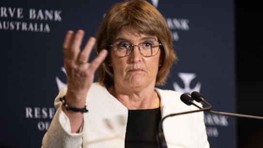 Reserve Bank Governor Michele Bullock during a press conference at the Reserve Bank, after interest rates were left on hold. Tuesdsay 9th December 2025 AFR photo Louie Douvis