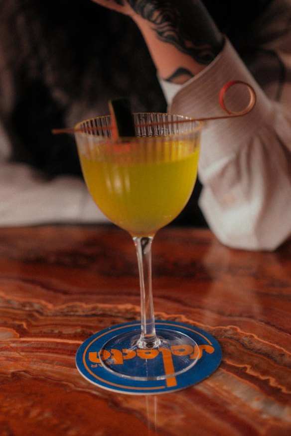 The Sailor Moon gimlet mixes Midori, sakura and pineapple-yuzu bitters with gin.