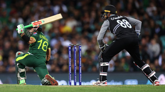 Mohammad Rizwan in action for Pakistan during their T20 World Cup semi-final against New Zealand at the SCG.