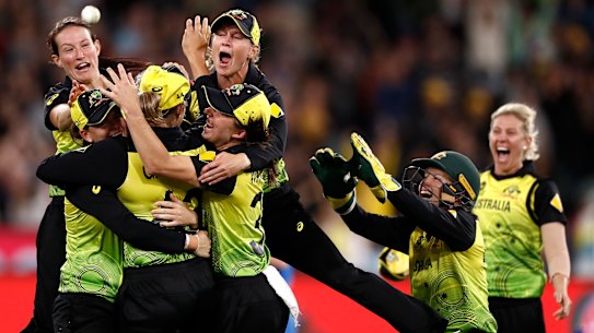 Meg Lanning’s Australian cricket team celebrate winning the Twenty20 World Cup.