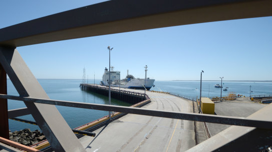 A liquid hydrogen carrier moored at the Port of Hastings in Victoria.
