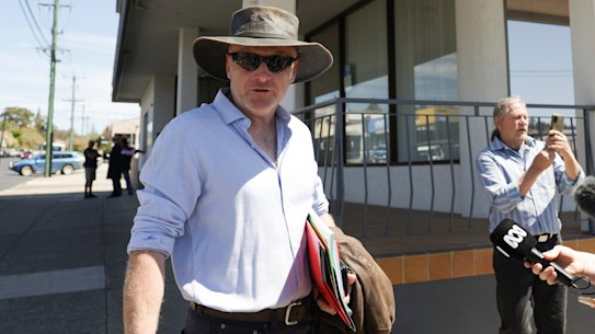 Andrew Thaler speaks to the media on his arrival for a Snowy Monaro Regional Council meeting, in Cooma, 2024.