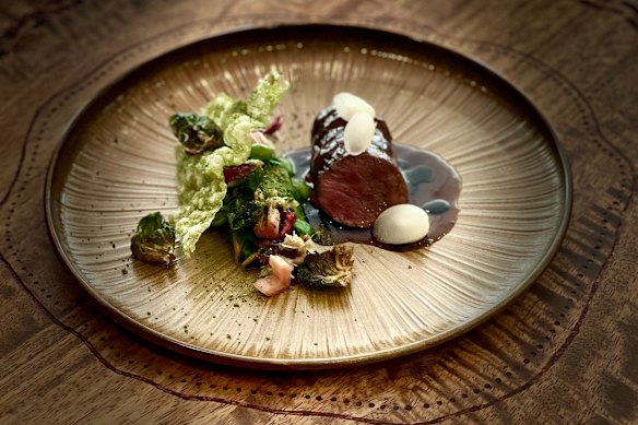 Kangaroo with rainbow chard and native basil.