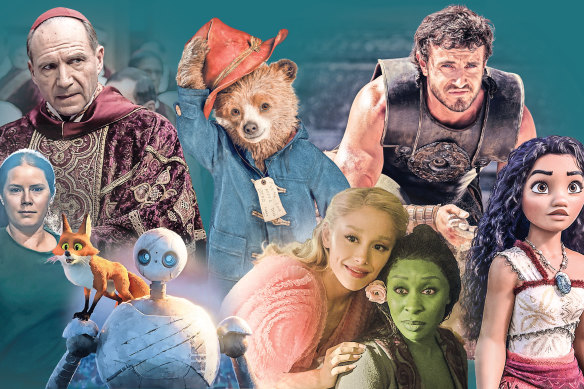 Clockwise from left: Ralph Fiennes in Conclave; Paddington; Paul Mescal in Gladiator II; Moana 2; Ariana Grande and Cynthia Erivo in Wicked; The Wild Robot; and Amy Adams in Nightbitch.