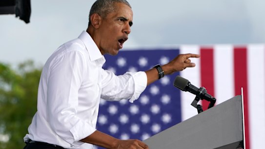 Former President Barack Obama speaks as he campaigns for Democratic presidential candidate former Vice President Joe Biden at Florida International University, Saturday, Oct. 24, 2020, in North Miami, Fla. (AP Photo/Lynne Sladky)