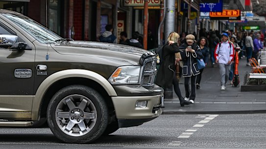 A RAM truck stopped over a pedestrian crossing in Melbourne’s CBD.