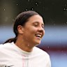 Sam Kerr celebrates after the team’s victory against Aston Villa.