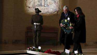 Chair of the Australian War Memorial Kerry Stokes and Christine Simpson Stokes lay  a wreath at the Tomb of the Unknown Australian Soldier in Canberra on Saturday morning.