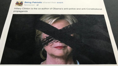 A Facebook post for a group called "Being Patriotic" advertised an event called "Down with Hillary".