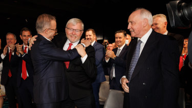 Labor leader Anthony Albanese with former prime ministers Kevin Rudd and Paul Keating at the party’s campaign launch in Perth on Sunday.