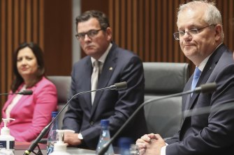 Premiers Annastacia Palaszczuk and Daniel Andrews with Prime Minister Scott Morrison at a national cabinet meeting last year.  The dominance of the premiers has grown under the pandemic.