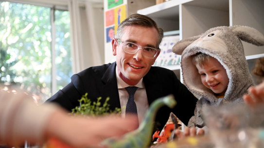 Premier Dominic Perrottet at the Goodstart Early Education centre in West Ryde. The NSW government will offer fee relief for preschoolers as part its push to make childcare more affordable and accessible.