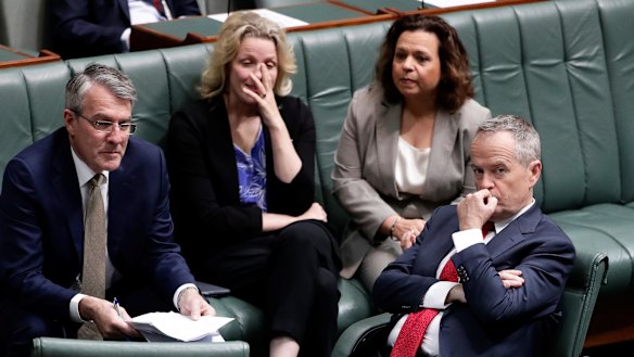 Opposition Leader Bill Shorten and members of his frontbench in the House of Representatives on Thursday morning.