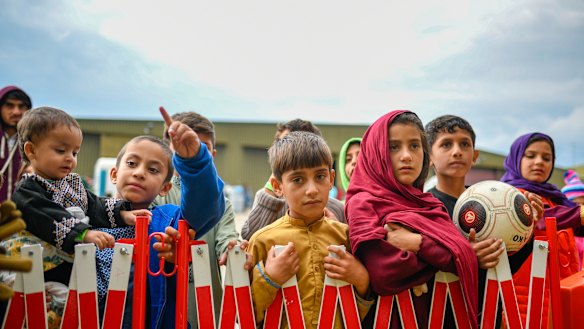 Afghan refugees at a temporary camp at the US army’s Rhine Ordnance Barracks in Germany.