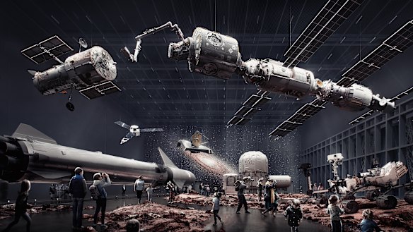 Artist impression of a presentation space inside the Parramatta Powerhouse. Indigenous astronomy and private space exploration have been highlighted as focuses of the gallery.