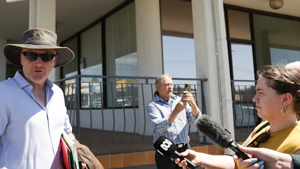 Andrew Thaler speaks to the media on his arrival for a Snowy Monaro Regional Council meeting in 2024 in Cooma.