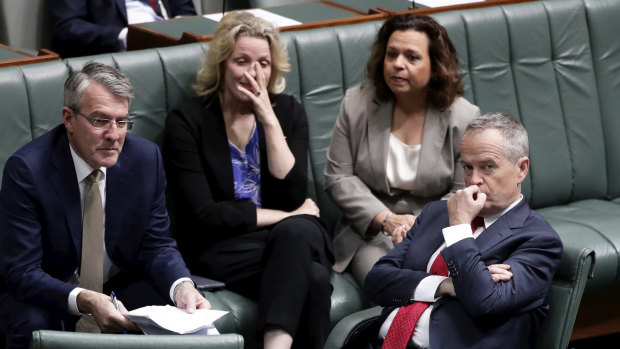 Opposition Leader Bill Shorten and members of his frontbench in the House of Representatives on Thursday morning.