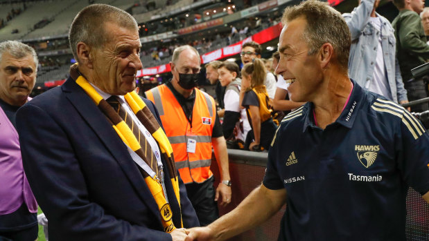 Hawthorn president Jeff Kennett and outgoing coach Alastair Clarkson.