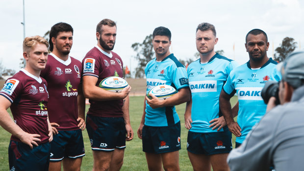 (L-R) Isaac Lucas, Liam Wright, Izack Rodda, Jack Maddocks, Jack Dempsey and Kurtley Beale pose for a photo in Dalby ahead of Friday's trial. 