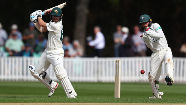 Travis Head on his way to a century against Worcestershire.