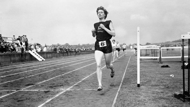Diane Leather crosses the line to win the women's 880 yards in 2 minutes 15.8 seconds, 1956.