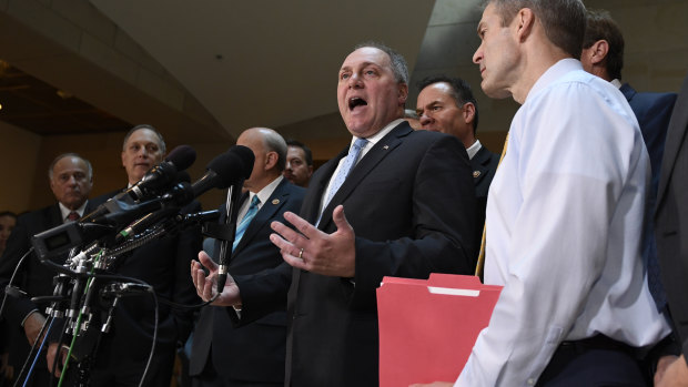 House Minority Whip Steve Scalise, a Republican, centre, standing with other House Republicans, talks to reporters on Capitol Hill in Washington, Wednesday.