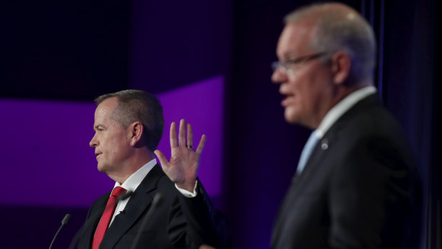 Labor leader Bill Shorten and Prime Minister Scott Morrison during the debate at the National Press Club.