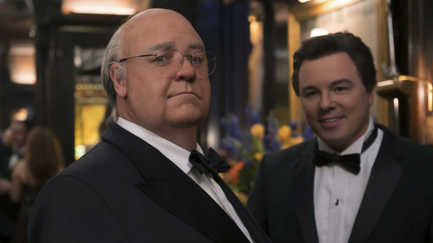 Russell Crowe as Roger Ailes, pictured left Brian Lewis (Seth MacFarlane) in The Loudest Voice.