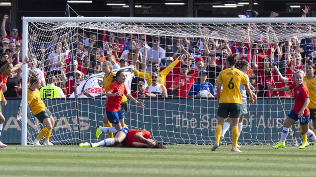 Against the run of play: Francisca Lara scores for Chile against Australia at Panthers Stadium.