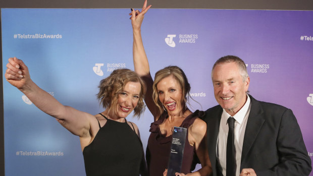 Scoot Boots at the Telstra Australia Business Awards: from left, Scoot Boots staff member, Annette Kaitinis and David MacDonald.