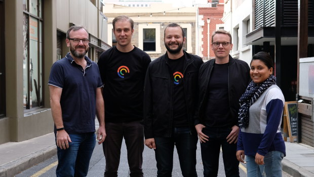 Pocket Casts chief product officer Russell Ivanovic (centre) and his crew.