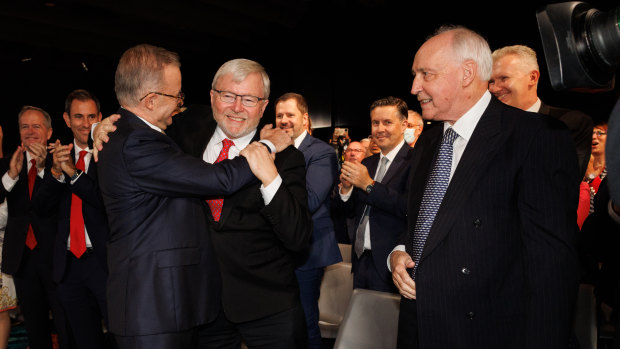 Labor leader Anthony Albanese with former prime ministers Kevin Rudd and Paul Keating at the party’s campaign launch in Perth on Sunday.