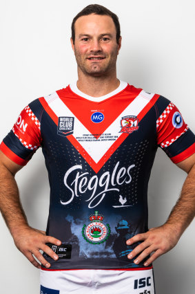 Roosters captain Boyd Cordner wearing the team's World Club Challenge jerseys with NSW RFS insignia.